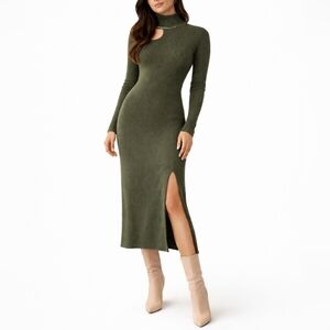 NWT Few Moda Olive Ribbed Cutout Turtleneck Midi Dress Bodycon Small